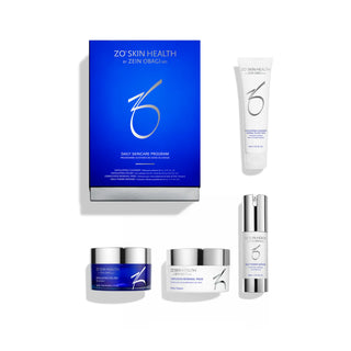 ZO Skin Health skincare products including a box, bottles, and jars on a white background