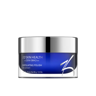 ZO Skin Health Exfoliating Polish jar with blue label and silver lid on a white background