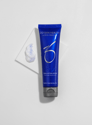 Blue tube of ZO Skin Health Dual Action Scrub on a white background