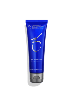 Blue tube of ZO Skin Health scrub on a green background