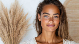 Woman with clear glowing skin and natural freckles, representing healthy skin and melasma management through proper skincare and sun protection.