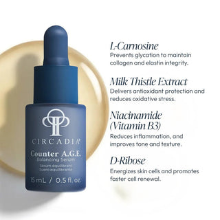 Circadia Counter A.G.E. serum bottle with product benefits on a white background