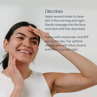 Woman applying skincare product with text on how to use it