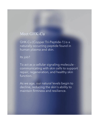 A close-up of a blue cosmetic bottle with white text overlay explaining GHK-Cu, set against a soft blurred gray background.