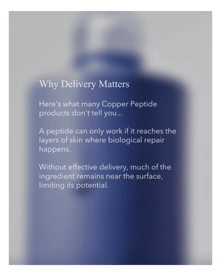 A blurred blue bottle with white text reading 'Why Delivery Matters' and a paragraph about peptide product delivery, set against a soft gray background.