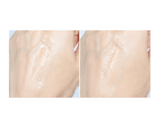 Two close-up images of hands with a light cream or lotion applied to the skin.