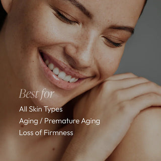 Woman with a smile, text indicating product benefits for skin types, aging, and firmness.