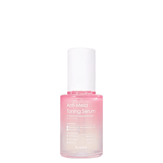 Pink serum bottle labeled 'Anti-Mela Toning Serum' on a white background