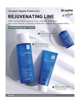 Dr. Esthe skincare products including toner, ampoule, and cream on a white background