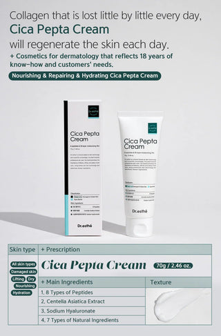 Dr. Esthe Cica Pepta Cream packaging with product details on a light gray background