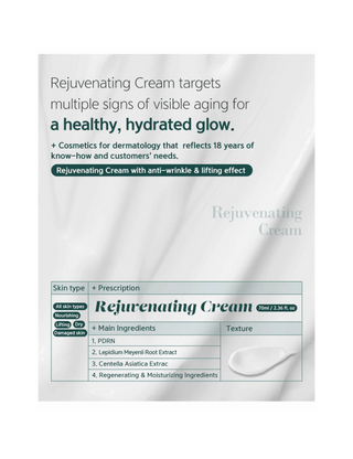 A product information card for Rejuvenating Cream on a white textured background. The card features marketing text about targeting visible aging signs, a product table with skin type and main ingredients, and a small inset image of a white oval cream scoop.