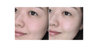 Side-by-side comparison of a woman's face with and without makeup, focusing on the nose and cheek area.