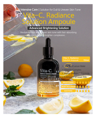 Vita-C Radiance Solution Ampoule with lemon slices and a glass of water on a gray background