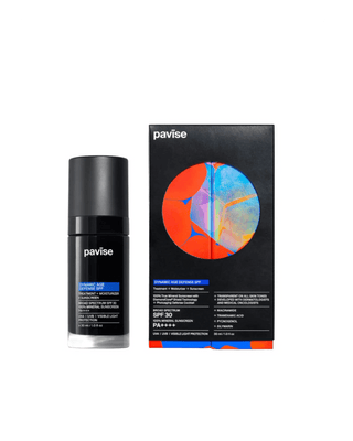 Pavise Dynamic Age Defying SPF 30 sunscreen bottle in black with a blue label, shown next to its black packaging box featuring a colorful circular graphic.