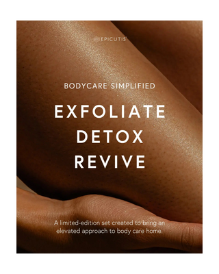 Promotional graphic for Epicutis Exfoliate Detox Revive bodycare, featuring a close-up of smooth, exfoliated skin with large white text over a warm brown background.