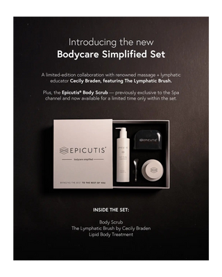 Promotional product shot for the Epicutis Bodycare Simplified Set on a dark background, showing the white outer box beside an open tray containing a white bottle, a black cylindrical item, and a round white container, with text describing the included products.