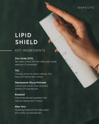 Hand holding a skincare product with 'Epicutis' branding, showing key ingredients on a dark background.