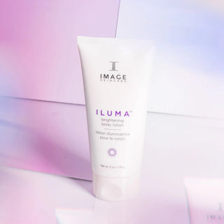 IMAGE Iluma brightening body lotion on a gradient pink and purple background
