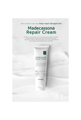 A white tube of Dr.esthé Madecassona Repair Cream centered on a soft white background with decorative liquid ripples.