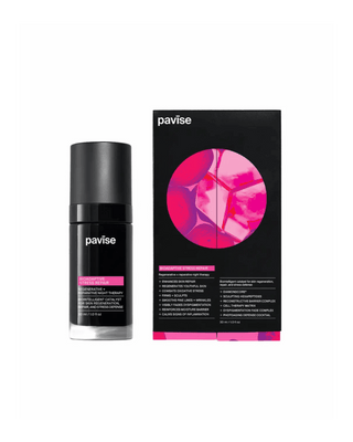 A bottle of Pavise Clearance Collagen Serum alongside its black retail box featuring a vibrant pink circular graphic, set against a plain white background.