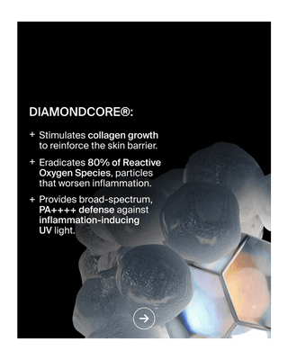 Black promotional graphic with white text describing DIAMONDCORE benefits and a close-up abstract view of dark translucent hexagonal crystal-like structures on the right.