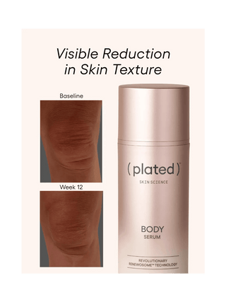 Plated Body Serum bottle with before and after skin texture comparison on a white background