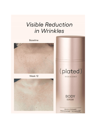 Before and after comparison of skin with visible reduction in wrinkles, featuring 'plated' body serum.