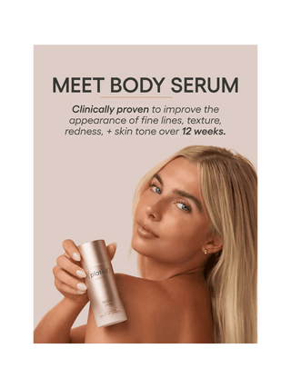 Woman holding a skincare product with text about body serum benefits on a beige background