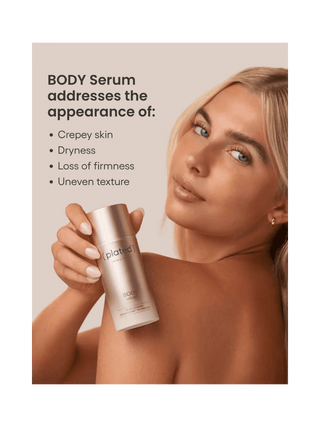 Woman holding plated Science  body serum with text about its benefits on a beige background