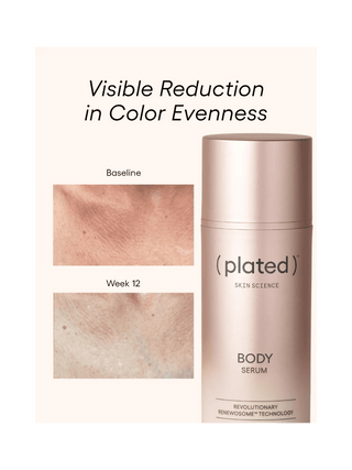 Plated Skin Science body serum with before and after skin comparison on a white background