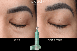 Before and after comparison of eyebrows with a product in between.