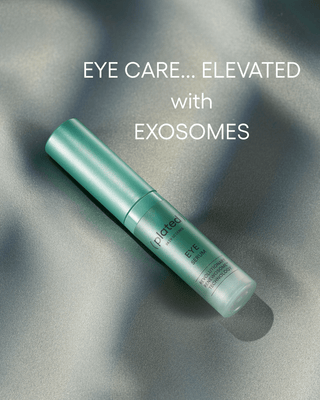 Green eye care product with text 'Eye Care... Elevated with Exosomes' on a gray background