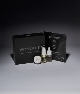 Epicutis skincare recovery care set with packaging on a dark background