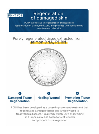 regenerating damaged skin using PDRN extracted from salmon DNA, with text and a close-up of the product.