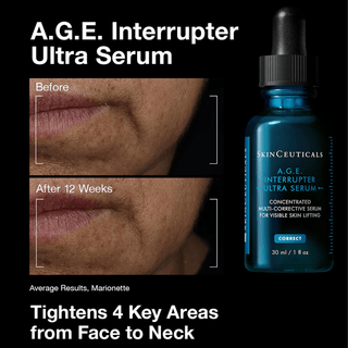 SKINCEUTICALS A.G.E. Interrupter Ultra Serum bottle with before and after skin results on a black background.