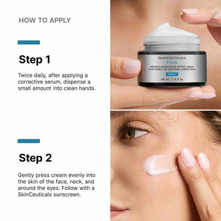 Step-by-step guide on applying SkinCeuticals P-TIOX cream with text instructions.