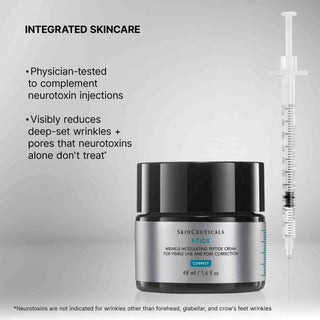 Skincare product with text about integrated skincare and a syringe on a gray background