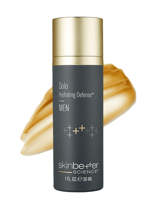 Skinbetter Solo Hydrating Defense Men 30ml with swatch background.