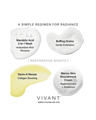 Vivant regimen graphic for Vivant featuring four cream swatches with text labels: Mandelic Acid 3-In-1 Wash, Buffing Grains, Derm-A Renew, and Marine Skin Nourishment Cream, on a white background.