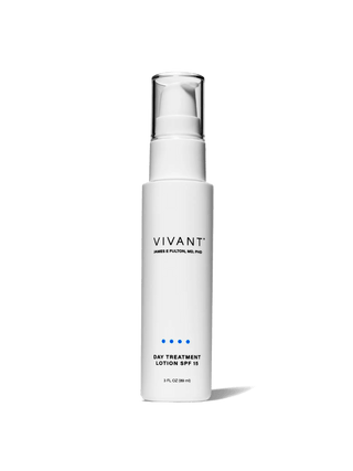 Vivant Day Treatment Lotion SPF 15 in a tall white cylindrical pump bottle with a clear cap, shown on a clean white background.