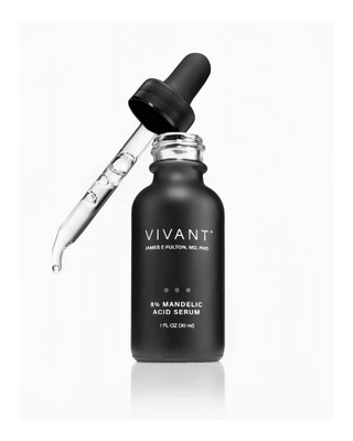 Vivant 8% Mandelic Acid Serum in a black glass dropper bottle with the glass dropper tilted above the bottle, on a clean white background with a soft reflection.
