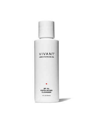 A white bottle of VIVANT James & Paul Cleanser BP 3% Exfoliating Cleanser, shown on a clean white background with a soft shadow.