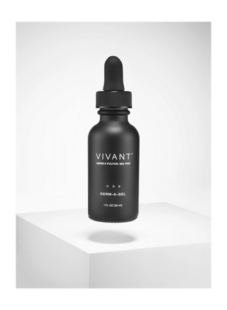 A matte black dropper bottle of VIVANT DERM-A-GEL centered on a white pedestal against a light gray studio background.