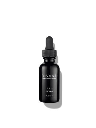 Vivant Skin  Exfoli a in a small black glass dropper bottle with white text, centered on a white background with a soft shadow.