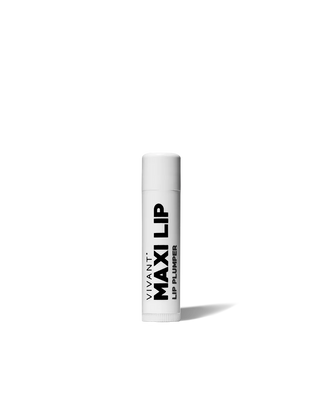 A single white tube of Vivant Maxi Lip Lip Plumper lip balm with black text, standing upright on a clean white background with a soft shadow.