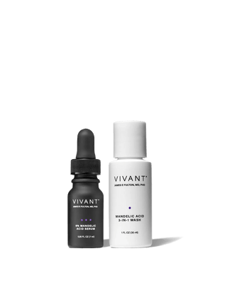 Two VIVANT skincare bottles on a solid white background: a black dropper bottle of 8% Mandelic Acid Serum and a white bottle of Mandelic Acid 3-in-1 Wash.