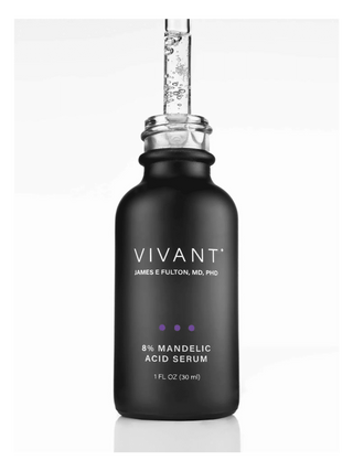A black glass dropper bottle of Vivant 8% Mandelic Acid Serum by James E Fulton, MD, PhD, shown on a clean white background with a clear glass pipette resting inside the open bottle.