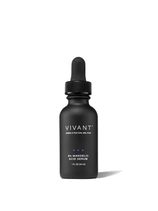 A black dropper bottle of VIVANT 8% Mandelic Acid Serum on a clean white background with a soft shadow.