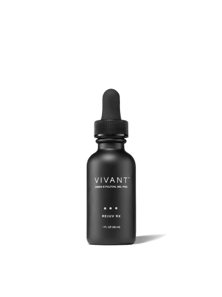 A matte black dropper bottle of VIVANT Rejuv RX with a black rubber dropper cap, centered on a clean white background with a soft shadow.