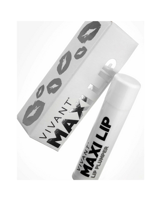 Vivant Maxi Lip Plumper lip balm tube next to its white packaging box, both featuring black text and lipstick kiss-print graphics on a clean white background.